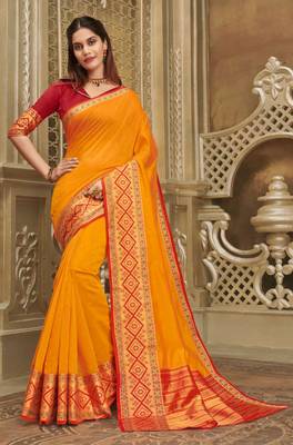 Mustard woven khadi saree with blouse 1