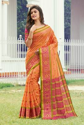 Peach woven silk saree with blouse 1