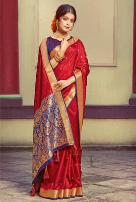 Red woven silk saree with blouse 1