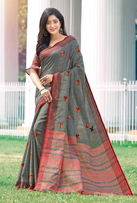 Grey woven linen saree with blouse 1