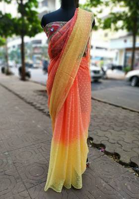 Orange-Yellow Double Shaded Chiffon Saree With Net Embroidered Blouse Fabric 1
