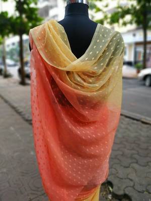 Orange-Yellow Double Shaded Chiffon Saree With Net Embroidered Blouse Fabric 2