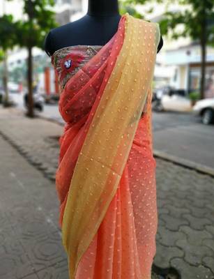 Orange-Yellow Double Shaded Chiffon Saree With Net Embroidered Blouse Fabric 3