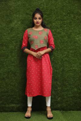 Women Red Kurti With Green Jacket  1
