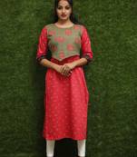 Women Red Kurti With Green Jacket 