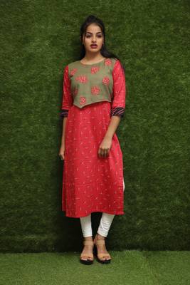 Women Red Kurti With Green Jacket  2