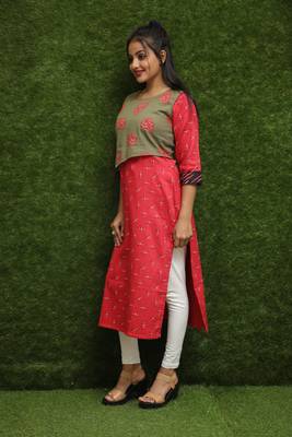 Women Red Kurti With Green Jacket  3