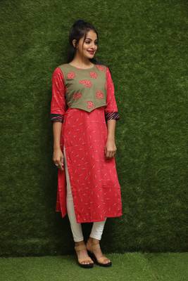 Women Red Kurti With Green Jacket  4