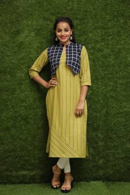 Women Yellow Kurti With Blue Jacket  1