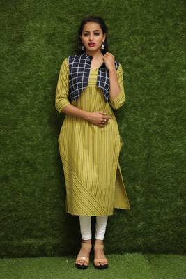 Women Yellow Kurti With Blue Jacket  2