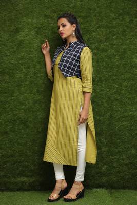 Women Yellow Kurti With Blue Jacket  3