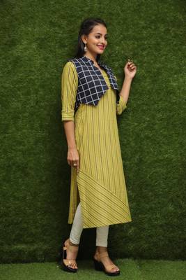 Women Yellow Kurti With Blue Jacket  4