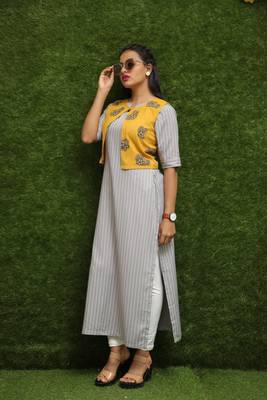 Women Off-White Long Kurti With Yellow Jakcet  2