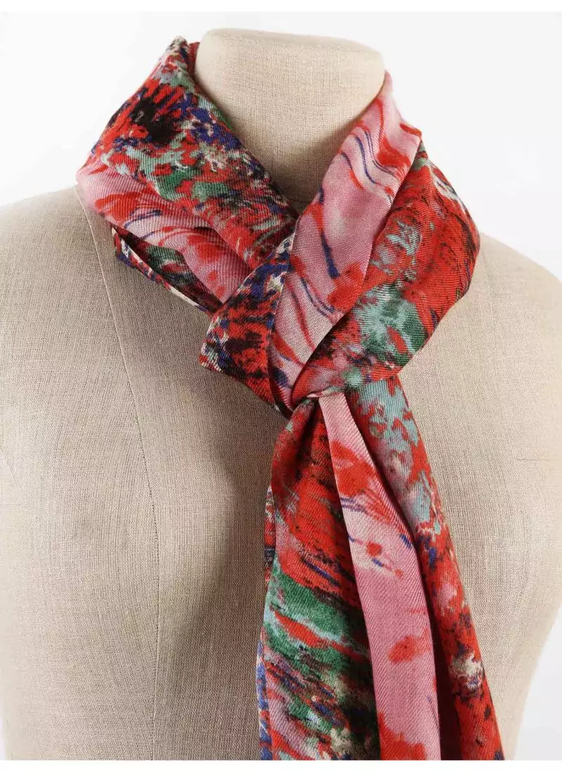 Red printed silk cashmere scarf