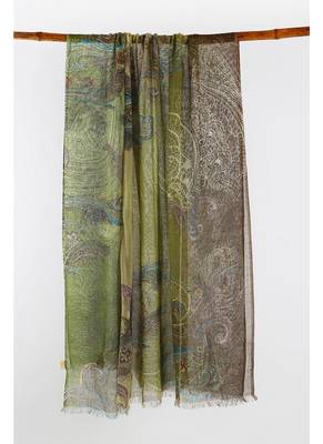Green oilve printed silk cashmere scarf 1