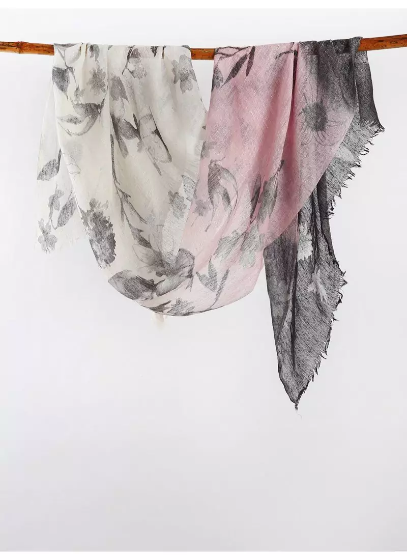 printed silk cashmere scarf in white and pink