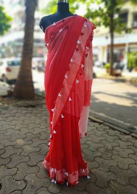 Red Colored Linen Saree With Colorful Tassels Worked 1