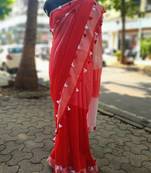Red Colored Linen Saree With Colorful Tassels Worked