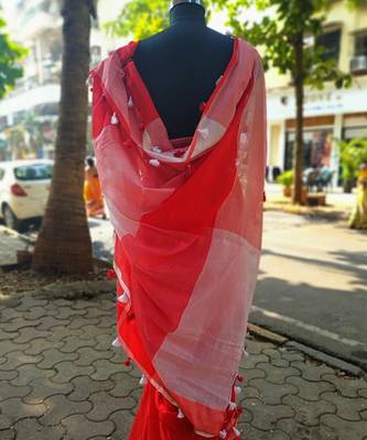 Red Colored Linen Saree With Colorful Tassels Worked 2