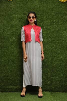 Women Off-White Kurti With Red Jacket  1