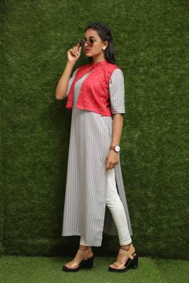 Women Off-White Kurti With Red Jacket  3