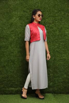 Women Off-White Kurti With Red Jacket  4