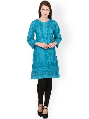 Blue embroidered cotton chikankari-kurtis 1