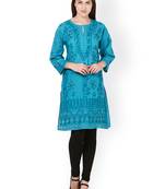 Blue embroidered cotton chikankari-kurtis