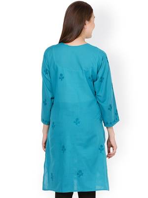 Blue embroidered cotton chikankari-kurtis 3