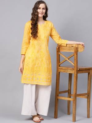 Yellow embroidered cotton chikankari-kurtis 1