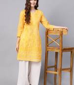 Yellow embroidered cotton chikankari-kurtis
