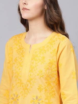 Yellow embroidered cotton chikankari-kurtis 2