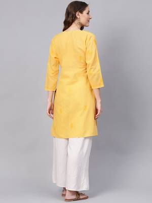 Yellow embroidered cotton chikankari-kurtis 3