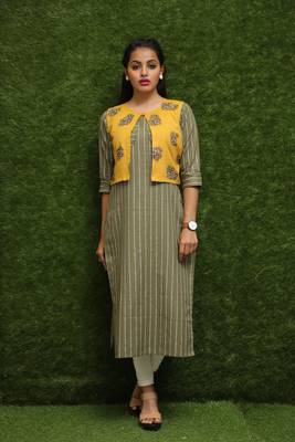 Women Green Kurti With Yellow Jacket  1