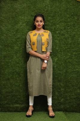Women Green Kurti With Yellow Jacket  2