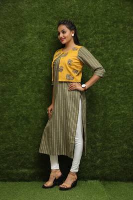Women Green Kurti With Yellow Jacket  3