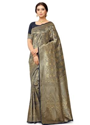 Blue hand woven art silk saree with blouse 1