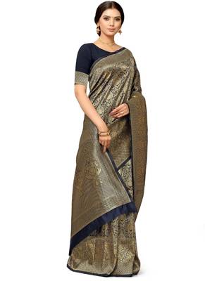 Blue hand woven art silk saree with blouse 2