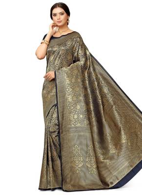 Blue hand woven art silk saree with blouse 5