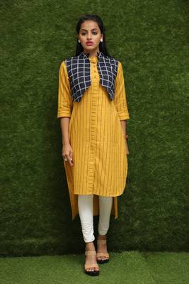 Women Yellow Kurti With Blue Jacket  1