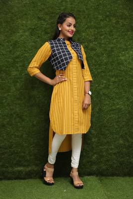Women Yellow Kurti With Blue Jacket  3