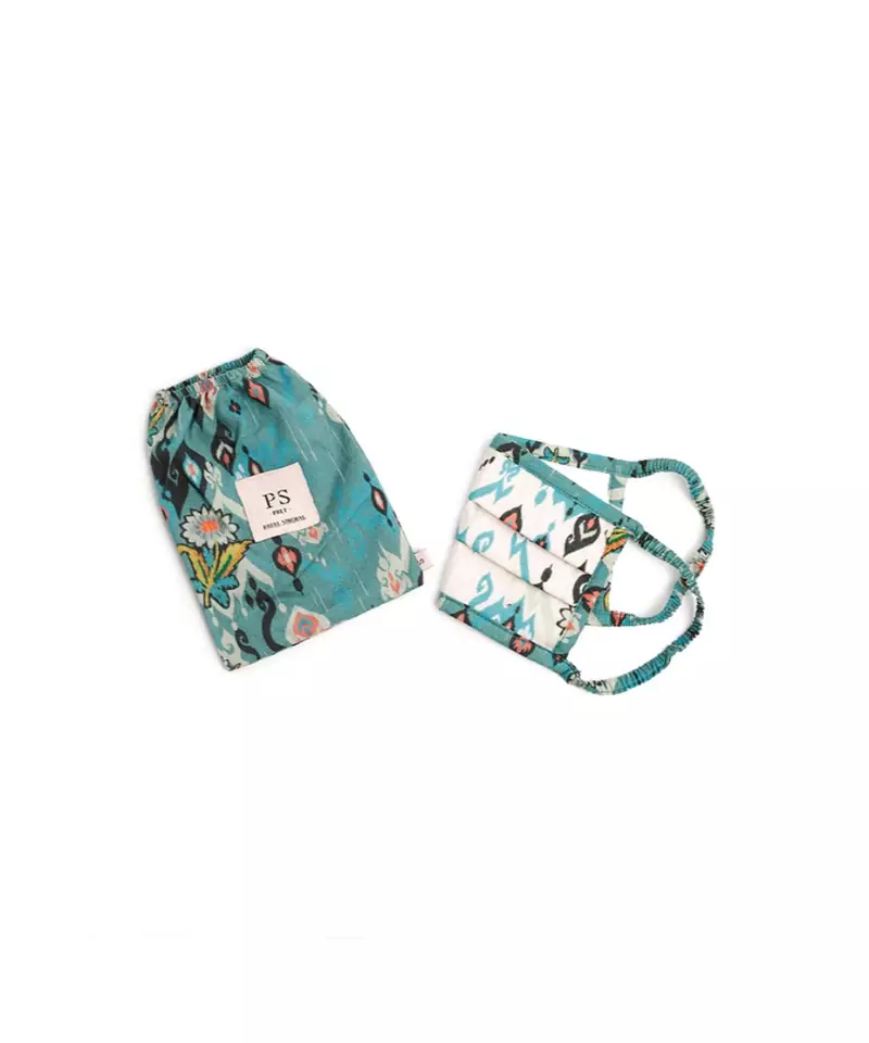 PS Kids White and Blue Ikat Love Print Pleated 3 Ply Mask with Pouch for Kids