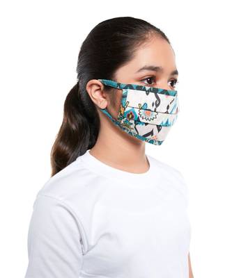 PS Kids by Payal Singhal White and Blue Ikat Love Print Pleated 3 Ply Mask with Pouch for Kids 3