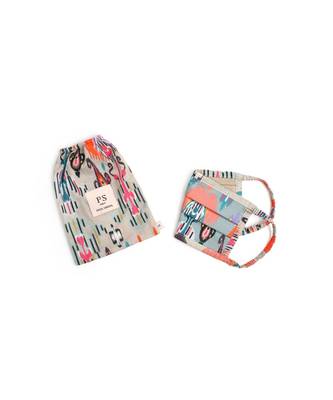 PS Kids by Payal Singhal Blue and Stone Ikat Garden Print Pleated 3 Ply Mask with Pouch for Kids 1