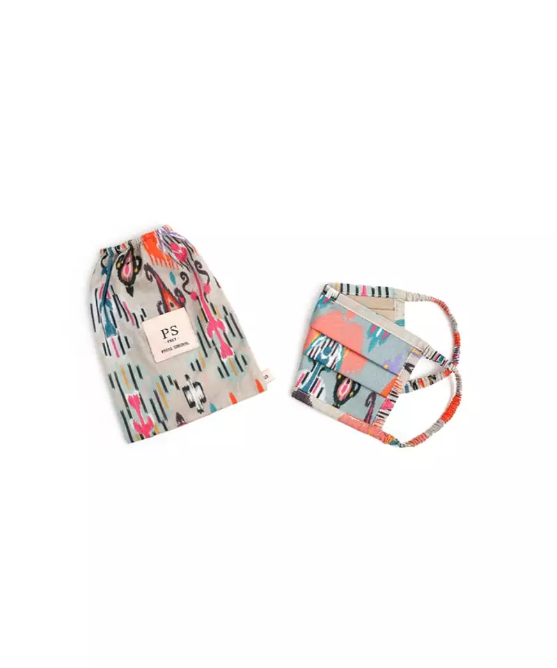 PS Kids Blue and Stone Ikat Garden Print Pleated 3 Ply Mask with Pouch for Kids