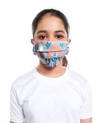 PS Kids by Payal Singhal Blue and Stone Ikat Garden Print Pleated 3 Ply Mask with Pouch for Kids 2
