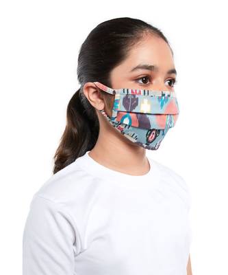 PS Kids by Payal Singhal Blue and Stone Ikat Garden Print Pleated 3 Ply Mask with Pouch for Kids 3