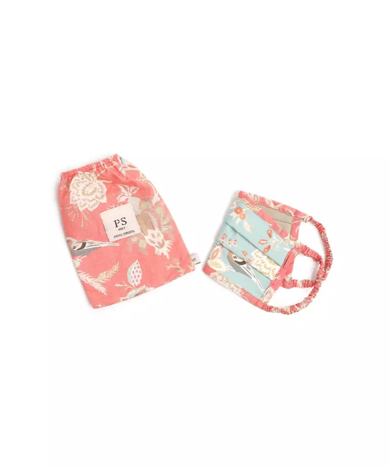PS Kids Aqua and Coral Chidiya Print Pleated 3 Ply Mask with Pouch for Kids