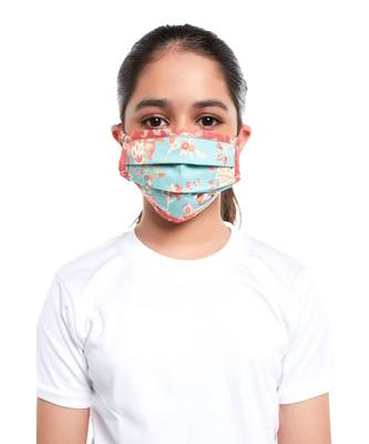 PS Kids by Payal Singhal Aqua and Coral Chidiya Print Pleated 3 Ply Mask with Pouch for Kids 2