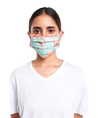 PS Pret by Payal Singhal Aqua and Coral Chidiya Print Pleated 3 Ply Mask with Pouch 2